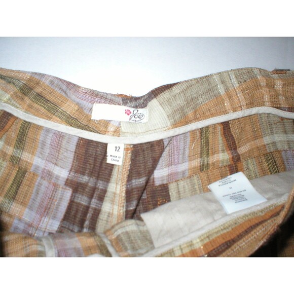 New Womens Joie Linen Shorts Tan Dark Khaki 12 Metallic Thread Brown Plaid Pocke - Picture 3 of 5
